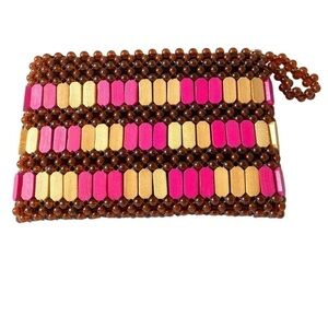 HANDMADE Wood & Bead African Inspired Wallet Brown Pink & Tan\Natural Unique